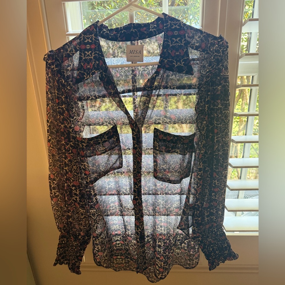 MISA Los Angeles Sheer Floral Button-Front Blouse - Black/Multi